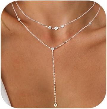Long Gold Necklaces for Women, Dainty Layered Lariat Sterling Silver Plated Y Shaped Necklace Stack Non Tarnish Cross CZ Pendant Long Chain Choker Adjustable Necklaces Jewelry for Vacation Christmas