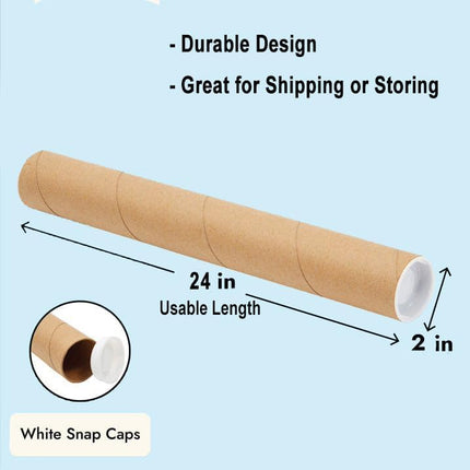 Mailing Tubes with Caps, 2 in x 24 in - 1 Pack - Kraft - for Shipping, Packing, Bulk Round Packaging, Cardboard Mailers, Poster, Art Prints, Maps, Blueprint