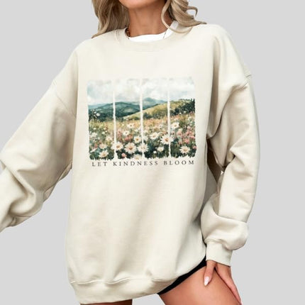 FITIN Let Kindness Bloom Floral Landscape Sweatshirt – Vintage Wildflower Meadow Graphic Cozy Crewneck