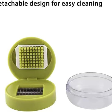 Mini Garlic Chopper and Press with Container, Manual Garlic Mincer Crusher Cutter Grinder, Stainless Steel Blades, Handheld Garlic Slicer Dicer Zoom Tool – Green