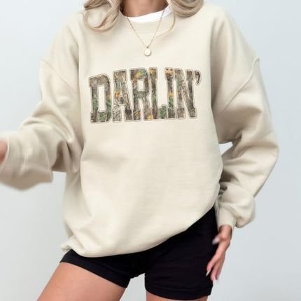 FITIN Unisex Darlin’ Camo Sweatshirt for Women – Western Country Graphic Crewneck Camouflage Southern Pullover