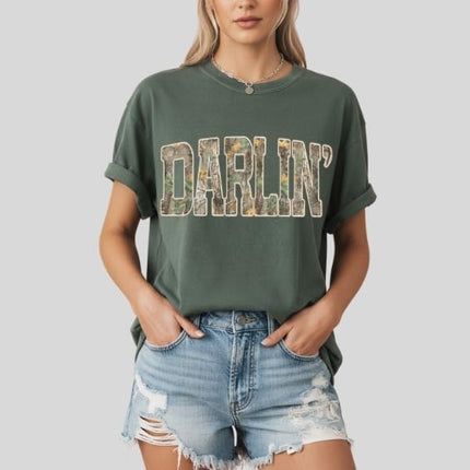 FITIN Darlin’ Camo Comfort Colors Tee, Southern Country Girl Shirt, Western Varsity Camouflage Graphic T Shirt