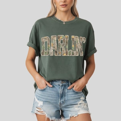 Darlin’ Camo Tee, Southern Country Girl Shirt, Western Varsity Camouflage Graphic T Shirt - photo 5