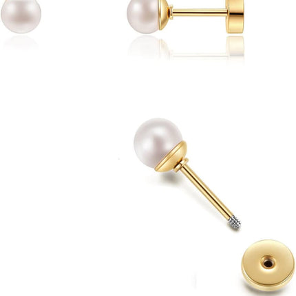 Renkovte Pearl Stud Earrings Screw Back,Flat Back Pearl Cartilage Helix Earrings 316L Surgical Steel Cartilage Piercing Jewelry Gift for Women(4mm 5mm 6mm Pearl,Gold&Silver)
