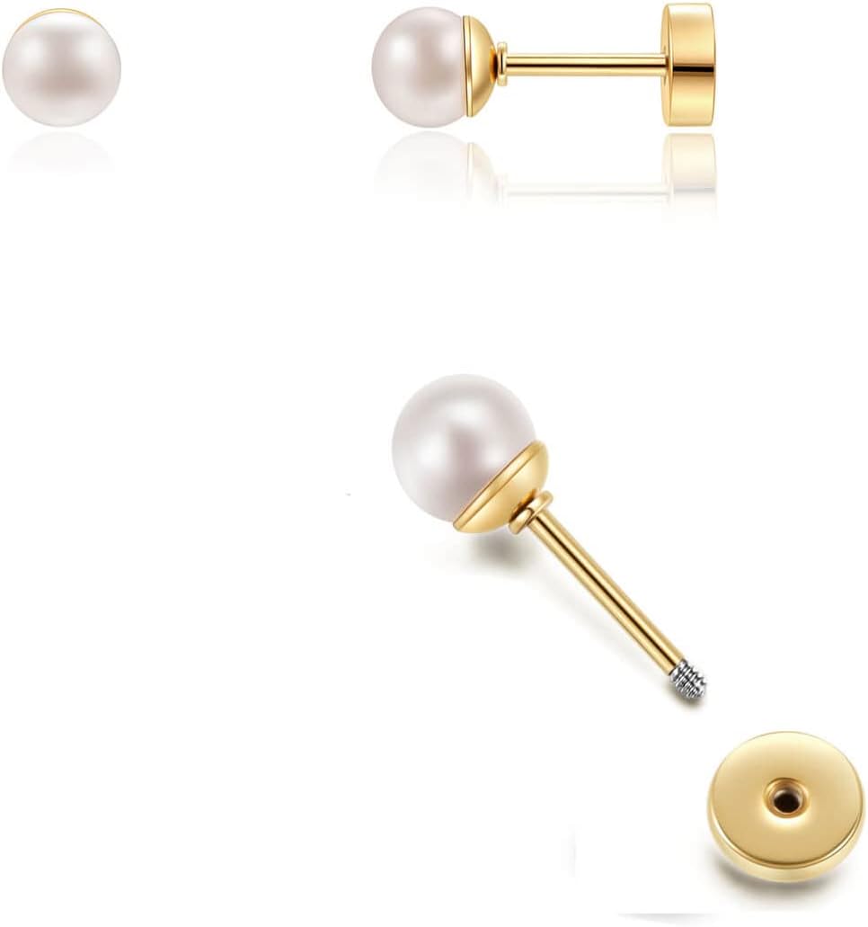 Pearl Stud Earrings Screw Back,Flat Back Pearl Cartilage Helix Earrings 316L Surgical Steel Cartilage Piercing Jewelry