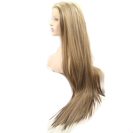 Sylvia 24" Natural Blonde Omber Brown Highlight Silky Straight Synthetic Lace Front Wigs Middle Parting 180% Density Heat Resistant Fiber Hair For Women