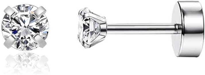 Screw-On Flat Back Stud Earrings, 316L Stainless Steel, Cubic Zirconia, Silver Color