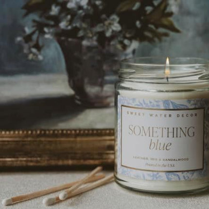 Something Blue Wedding Candle, Non-Toxic Soy Wax, Leather, Iris, and Sandalwood Scent for Relaxation, Gift for Bride, 40 Hours Burn Time - 9oz Gold Lid, Clear Jar
