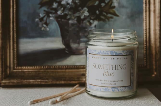 Something Blue Wedding Candle, Non-Toxic Soy Wax, Leather, Iris, and Sandalwood Scent for Relaxation - photo 2