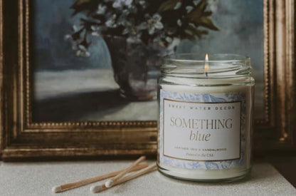 Something Blue Wedding Candle, Non-Toxic Soy Wax, Leather, Iris, and Sandalwood Scent for Relaxation - photo 2