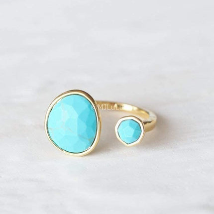 MJLULU Bold 14K Gold-Plated Statement Ring with Eye-Catching Simulated Blue Turquoise - Hypoallergenic & Lightweight, Exuding Boho Elegance - Simple Minimalist Jewelry