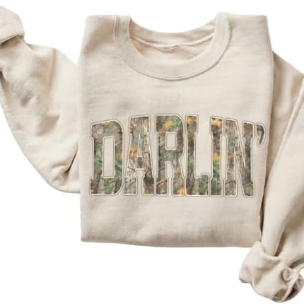 FITIN Unisex Darlin’ Camo Sweatshirt for Women – Western Country Graphic Crewneck Camouflage Southern Pullover