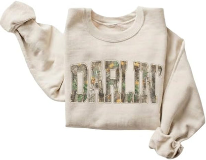 Unisex Darlin’ Camo Sweatshirt for Women – Western Country Graphic Crewneck Camouflage Southern Pullover