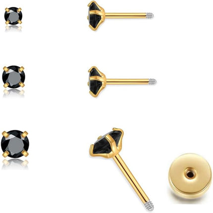 3Pairs CZ Stud Flat Screw Back Earrings for Women Multiple Piercing,Dainty Flatback Cubic Zirconia Cartilage Earring Stud,Helix Tragus Conch Piercing Jewelry