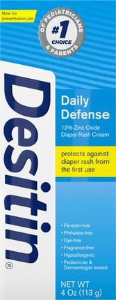 Desitin Daily Defense Baby Diaper Rash Cream with Zinc Oxide to Treat, Relieve & Prevent diaper rash, Hypoallergenic, Dye-, Phthalate- & Paraben-Free, 4 oz