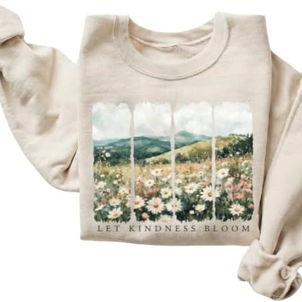 FITIN Let Kindness Bloom Floral Landscape Sweatshirt – Vintage Wildflower Meadow Graphic Cozy Crewneck