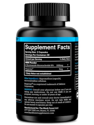 Black Forest NMN 1000mg capsules supplement facts label 99% pure NAD+ booster