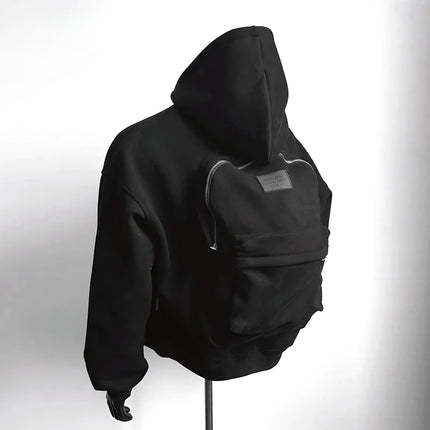 Hoodie with Integrated Backpack close-up of zipper and backpack straps
