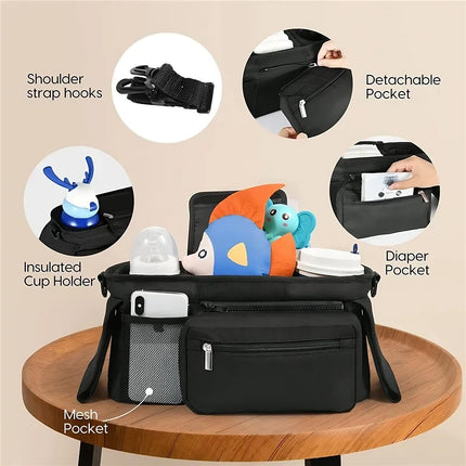 Baby stroller manager with non-slip strap showing storage compartments