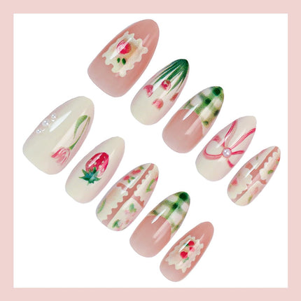 30Pcs Spring Press on Nails Medium Almond Fake Nails with Small Flower Strawberry Full Cover Cute Glue on Nails Green French Tip False Nails Bow Acrylic Nails Pink Artificial Stick on Nails for Women