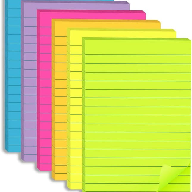 SourcetoHome (6 Pack) Lined Sticky Notes 4x6 in,Large Notepads with Lines,Ruled Stickies Super Sticking Power,Office School Memo Note Pads Bright Colors,Post on Windows Doors,Recyclable,Easy to Write on - General - front view
