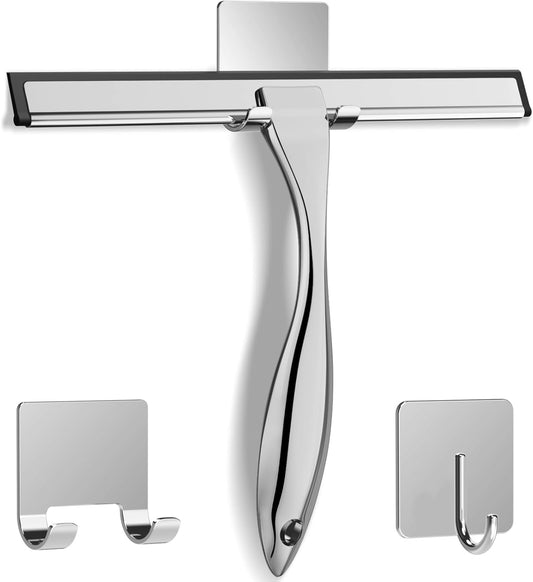 10-Inch Silver Stainless Steel Shower Squeegee with 2 Adhesive Hooks