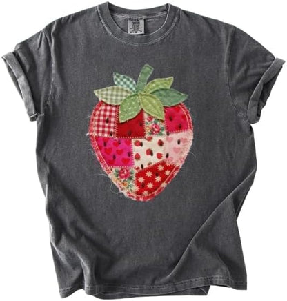 Faux Patchwork Strawberry T-Shirt, Colorful Strawberry