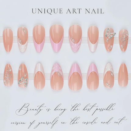 24Pcs Silver Rhinestones Press on Nails Medium Almond Fake Nails Butterfly Gems White French Tip Acrylic Nails Press Ons Flower Butterfly Nail Charms Floral Stick On Nails Artificial Nails for Women