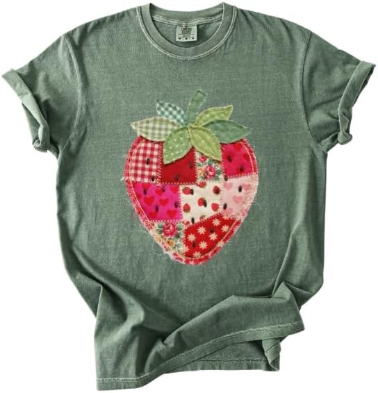 Faux Patchwork Strawberry T-Shirt, Colorful Strawberry