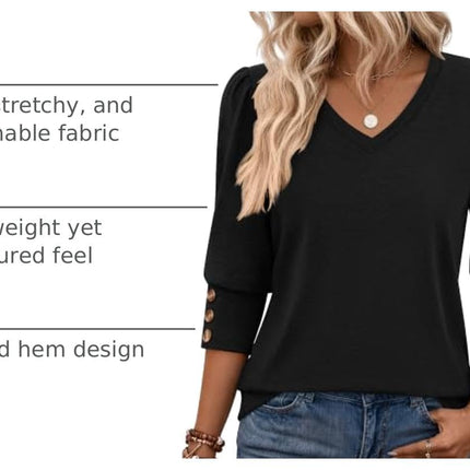 Womens 3/4 Sleeve V Neck T Shirts Dressy Casual Tops