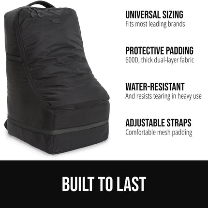 GORILLA GRIP Tear and Water Resistant Padded Car Seat Travel Bag for Airplane and Airport, Universal Fit Baby Carseat Bags, Holds Up to 50lbs, Handle & Shoulder Straps, Air Gate Check Carrier, Black