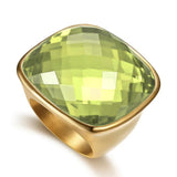 Chunky Square Crystal Glass Stainless Steel Statement Ring for Women Men Gold-Tone Plated Exaggerated Large Geometric Green Cubic Zirconia Finger Band Knuckle Rings Cocktail Prom Fashion Jewelry