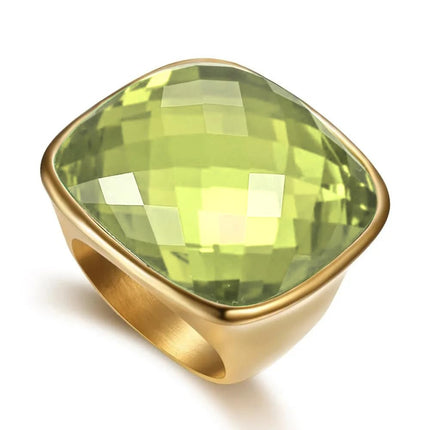 Chunky Square Crystal Glass Stainless Steel Statement Ring for Women Men Gold-Tone Plated Exaggerated Large Geometric Green Cubic Zirconia Finger Band Knuckle Rings Cocktail Prom Fashion Jewelry