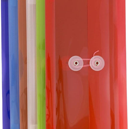 JAM PAPER Plastic Envelopes with Button & String Tie Closure - #10 Business Booklet - 5 1/4 x 10 - Assorted Colors - 6/pack