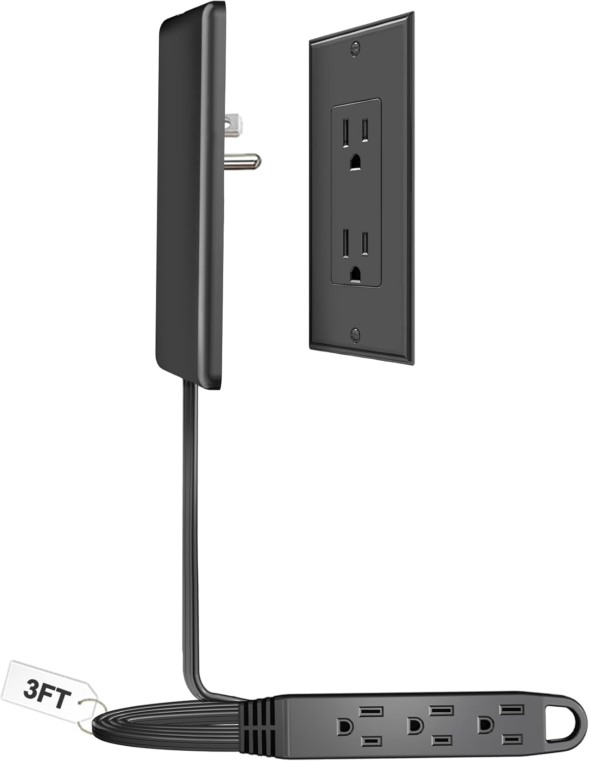 3FT Ultra Flat Plug Extension Cord Power Strip with 3 Outlets, Patented Detachable Ultra-Thin Outlet Cover Concealer &