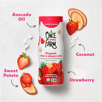 Once Upon A Farm Strawberry, Coconut & Sweet Potato Puffed Sorghum Snack, Fruit & Veggie Puffs, Non GMO, 1.5 Ounces (Pack Of 6)