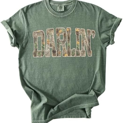 FITIN Darlin’ Camo Comfort Colors Tee, Southern Country Girl Shirt, Western Varsity Camouflage Graphic T Shirt