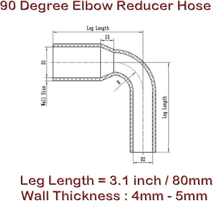 Automotive Silicone 90-Degree Elbow Reducer Coupler, 1.5 in to 1.75 in, Black - photo 3
