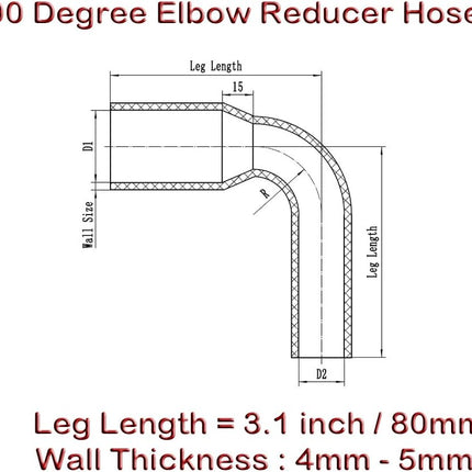 Autobahn88 Automotive Silicone Hose Coupler, 90-Deg Elbow Reducer Coupler, ID= 3.25" to 3.5" (84 to 89mm), Leg Length 3.13" (80mm), Wall Gauge= 0.2" (5mm), 4-Ply, Black