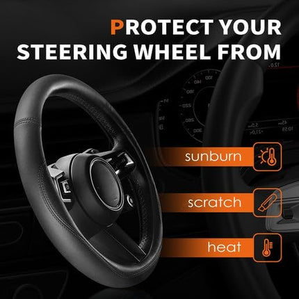 HOTOR Car Steering Wheel Cover - Universal Car Accessory for Diverse Cars, Leather Cover with Anti-Slip Lining, for Steering Wheel with a Diameter of 14.5"-15",Black