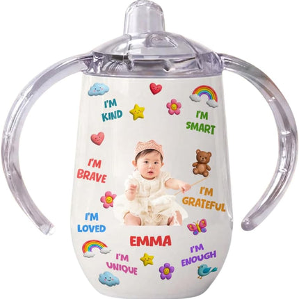 I'm Kind, I'm Smart, Positive Affirmation Personalized Sippy Cup with Handles, Cute Cartoon Kid Sippy Cup with Name, Positive Affirmation Baby Sippy Cup, Baby Girl Boy Sippy Cups, Toddler Girl Gifts