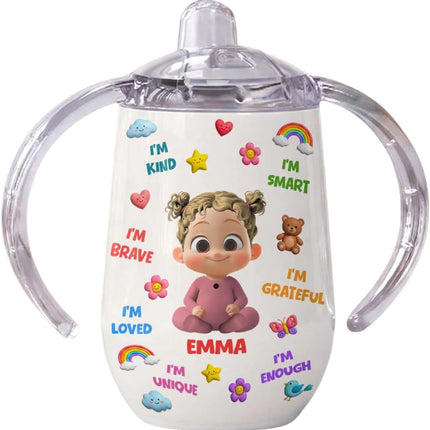 I'm Kind, I'm Smart, Positive Affirmation Personalized Sippy Cup with Handles, Cute Cartoon Kid Sippy Cup with Name, Positive Affirmation Baby Sippy Cup, Baby Girl Boy Sippy Cups, Toddler Girl Gifts