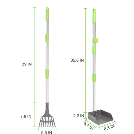 Non-Breakable Pooper Scooper, Dog Pooper Scooper Tray & Rake Set with Adjustable Stainless Steel Long Handle for Large Medium Small Dogs (Green)