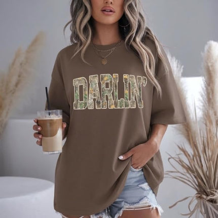 FITIN Darlin’ Camo Comfort Colors Tee, Southern Country Girl Shirt, Western Varsity Camouflage Graphic T Shirt
