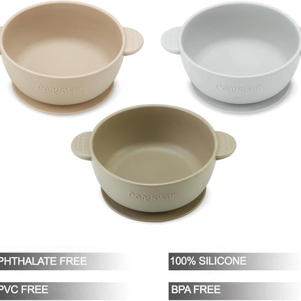 PandaEar 3 Pack Baby Bowls with Suction| Stay Put Silicone Food Bowl for Babies Kids Toddlers Infants| Food Grade Soft Safe BPA-Free Silicone (Brown Grey Tan)