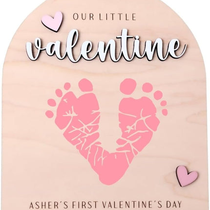 Baby's First Valentine's Day Footprint Art, Personalized Wood Keepsake (Design B)