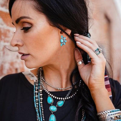 Bohemian Western Natural Turquoise Geometric Flower Drop Dangle Earrings Statement Cowgirl Ethnic Boho Earrings Ethnic Teardrop Stud Earring for Women