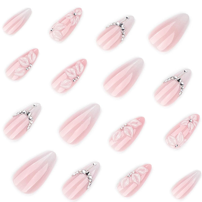 24Pcs White French Tip Press on Nails Medium Almond Fake Nails with Silver