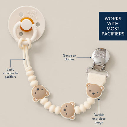 Itzy Ritzy Silicone Pacifier Clip – 100% Food Grade Silicone Pacifier Strap with Clip Keeps Pacifiers, Teethers & Small Toys in Place – Features One-Piece Design, Bear Character & Silicone Cord (Bear)