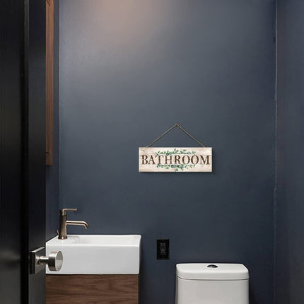 Bathroom Sign Wall Decor, Bathroom Wall Art with Plant Print, Rustic Farmhouse Wall Hanging Plaque Home Bathroom Decorative, 4.7 x 13.7 inches